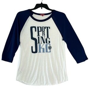 Mitchell & Ness Womens Sporting KC 3/4 Sleeve Tshirt Size XL White Blue Soccer‎